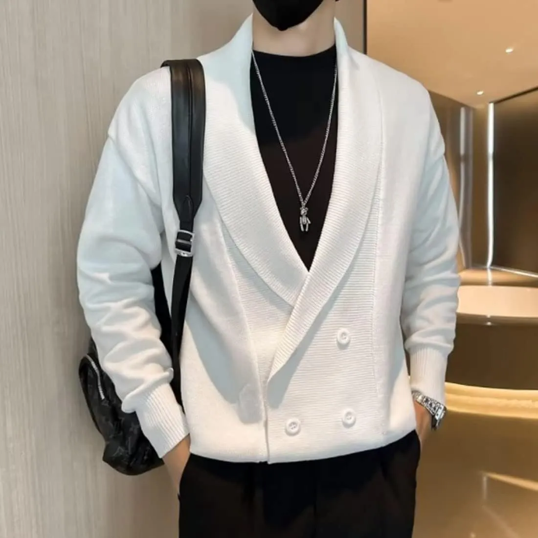 HZCX FASHION Men Shawl Collar Double Breasted Cardigan Sweater Knit Jacket Blazer