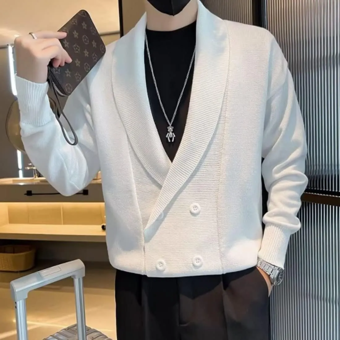 HZCX FASHION Men Shawl Collar Double Breasted Cardigan Sweater Knit Jacket Blazer
