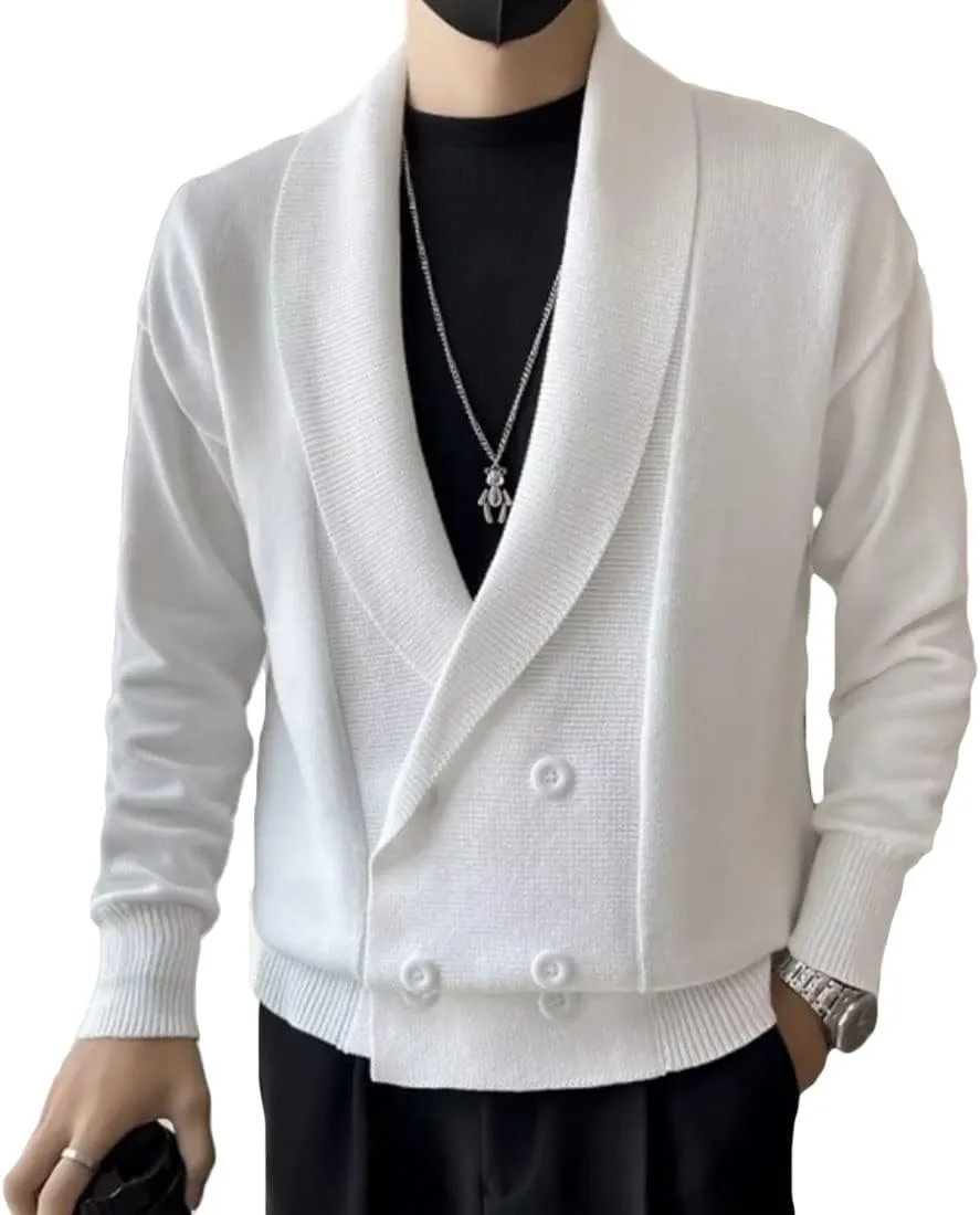 HZCX FASHION Men Shawl Collar Double Breasted Cardigan Sweater Knit Jacket Blazer