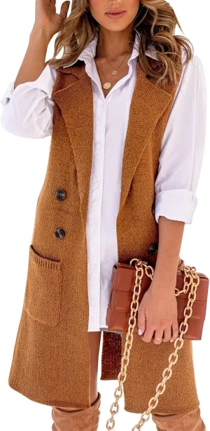 IDEALSANXUN Womens Long Sweater Vest Fall Winter Sleeveless Knit Cardigan Outerwear