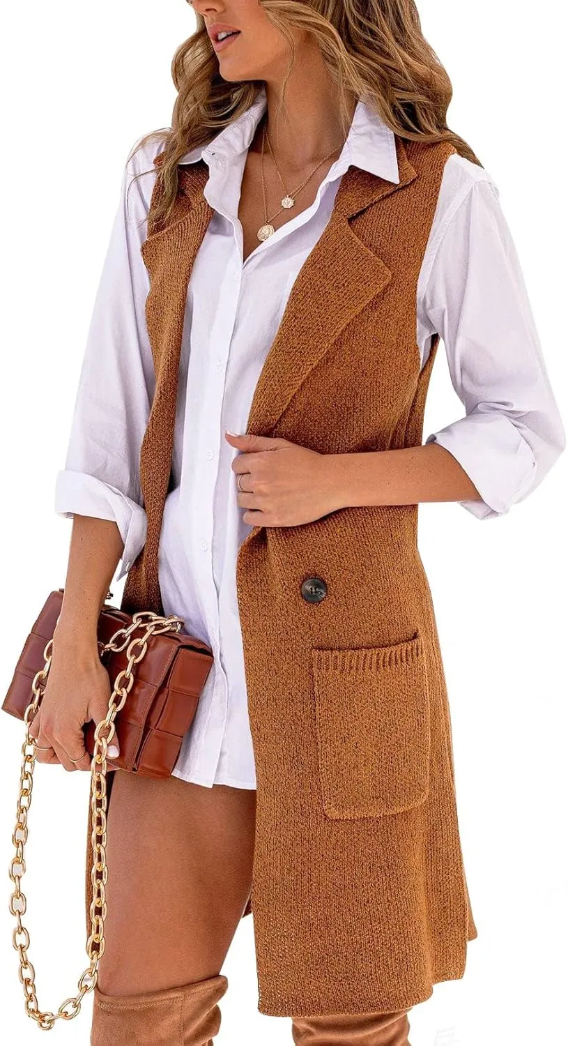 IDEALSANXUN Womens Long Sweater Vest Fall Winter Sleeveless Knit Cardigan Outerwear