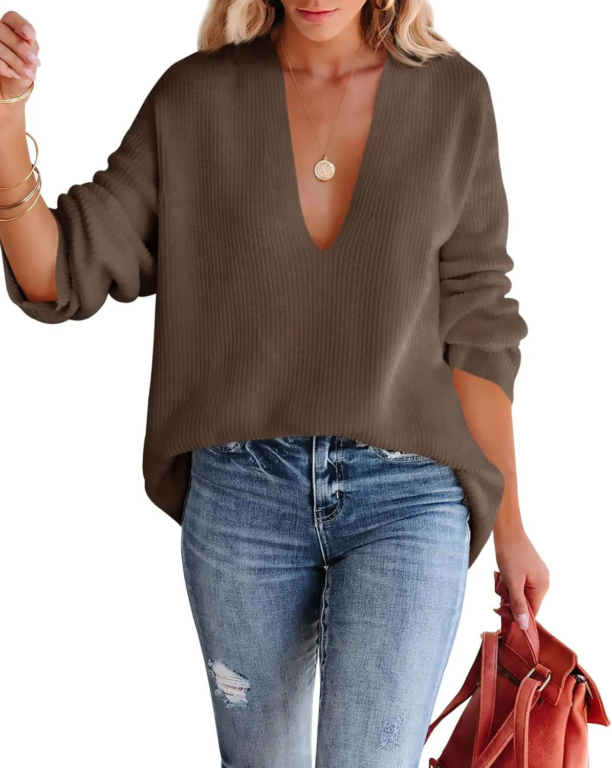 Imily Bela Womens Oversized Deep V Neck Sweaters Sexy Long Sleeve Tunic Sweater Knitted Dressy Pullover Jumper