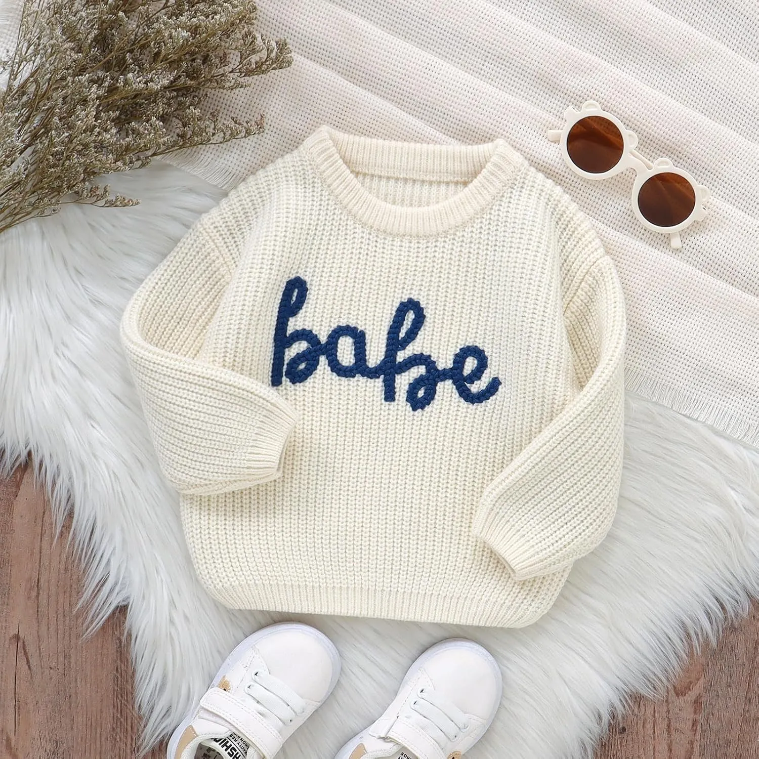 Infant Baby Boy Girl Knit Sweater Rooster Goose Embroidery Crew Neck Long Sleeve Pullover Knit Shirt Winter Clothes