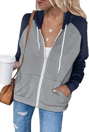 INFITTY Women's Casual Color Block Long Sleeve Zip Up Hooded Sweatshirt Lightweight Hoodies Jacket with Pocket