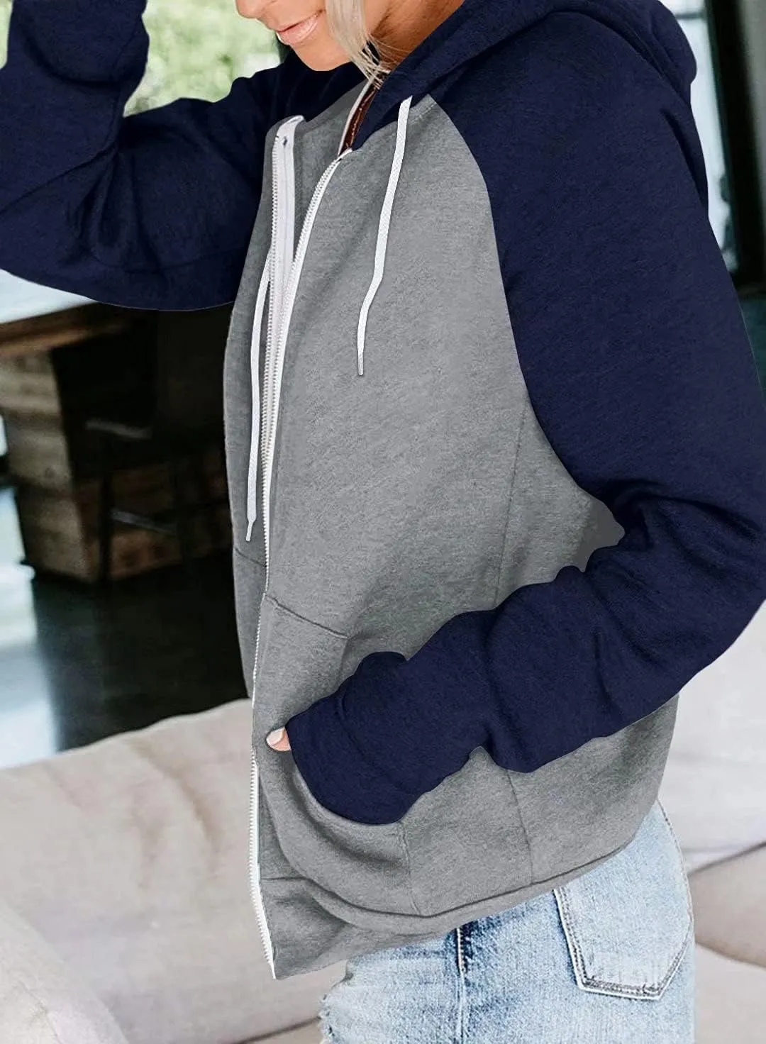 INFITTY Women's Casual Color Block Long Sleeve Zip Up Hooded Sweatshirt Lightweight Hoodies Jacket with Pocket