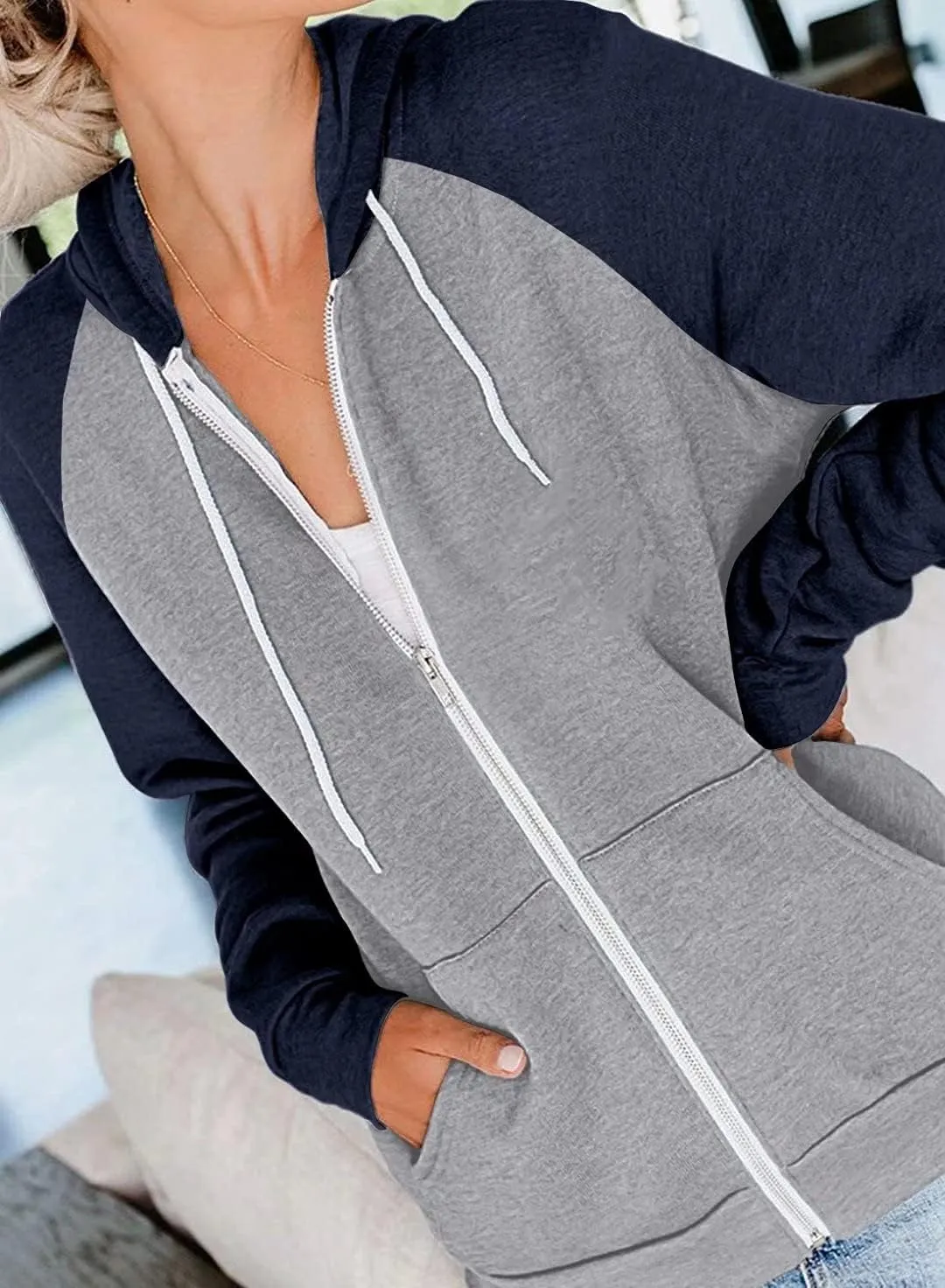 INFITTY Women's Casual Color Block Long Sleeve Zip Up Hooded Sweatshirt Lightweight Hoodies Jacket with Pocket