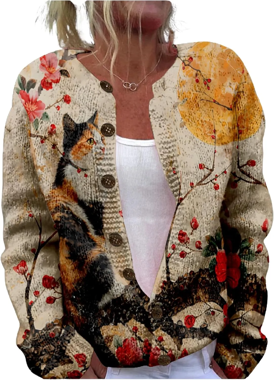 Japanese Print Sweater for Women Crane Graphic Chunky Cardigan Plus Size Button Up Knitted 2024 Winter Sweater