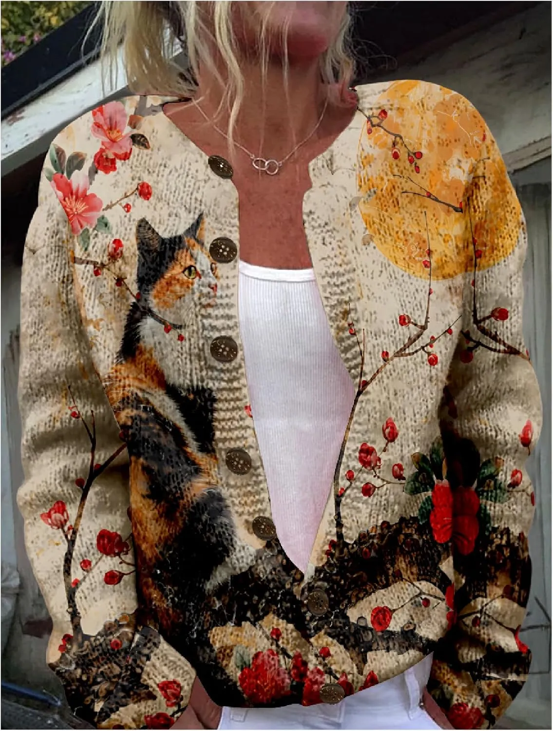 Japanese Print Sweater for Women Crane Graphic Chunky Cardigan Plus Size Button Up Knitted 2024 Winter Sweater