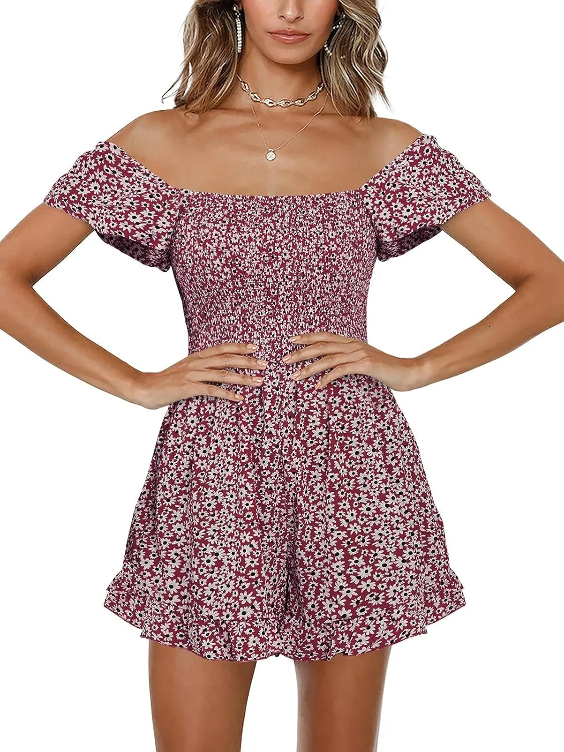 Jeanewpole1 Women Shirred Smocked Tube Top Short Wide Leg Pants Romper Jumpsuit