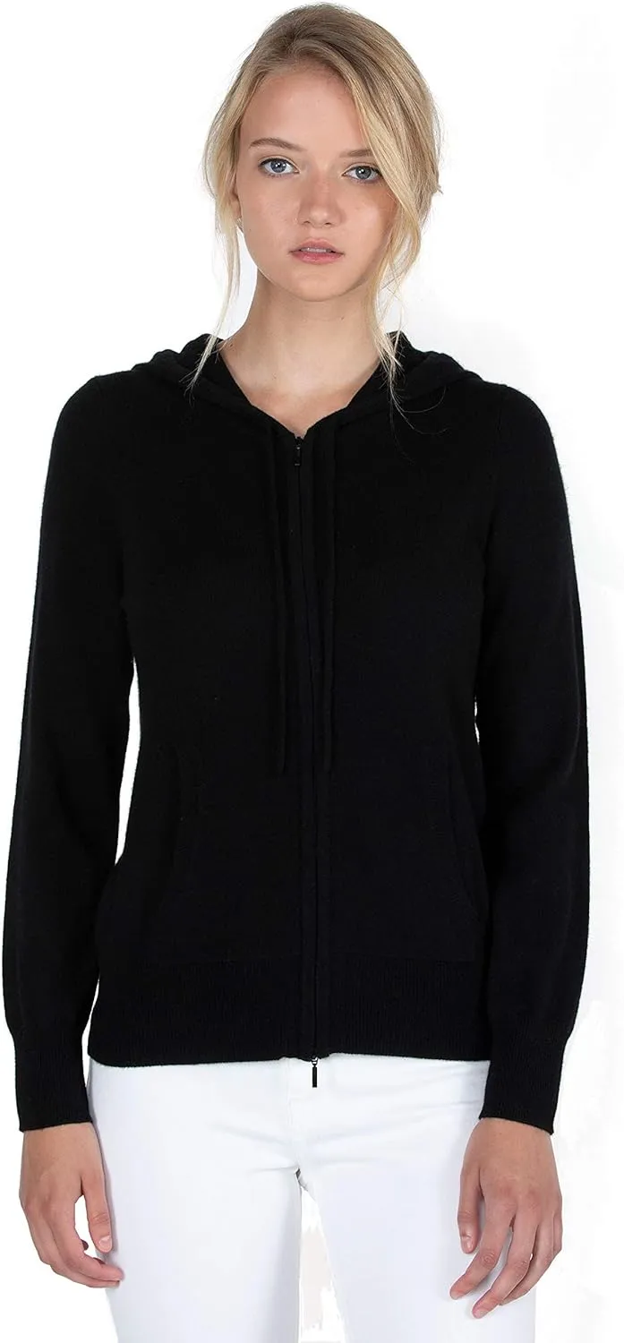 JENNIE LIU Women's 100% Pure Cashmere Long Sleeve Zip Hoodie Cardigan Sweater