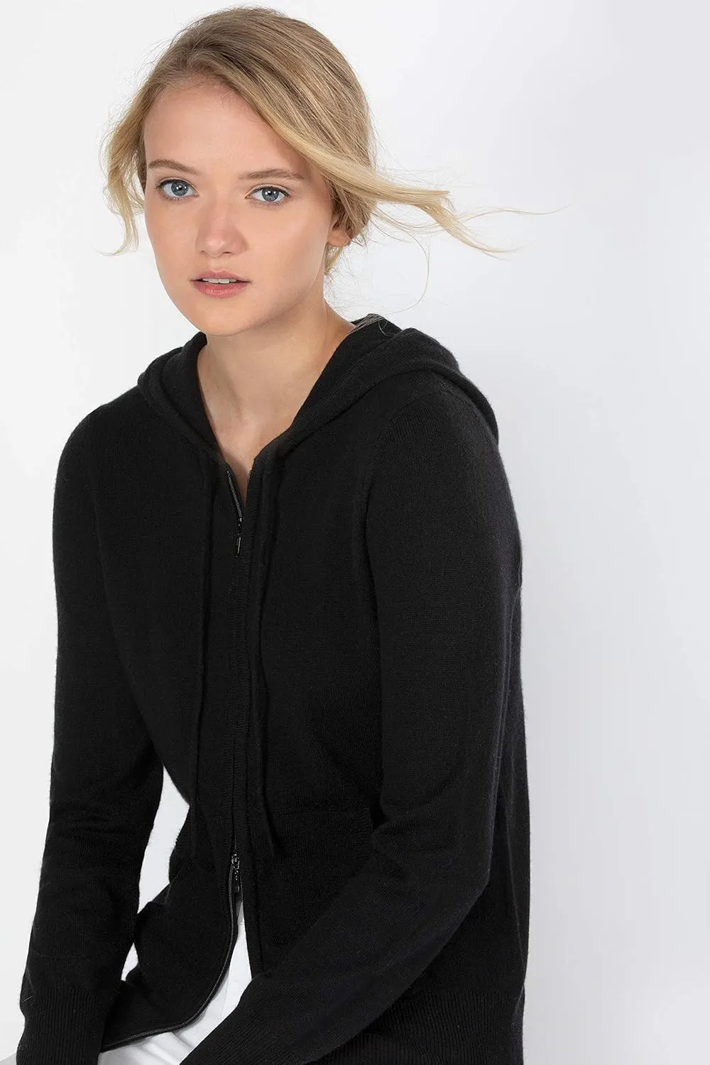JENNIE LIU Women's 100% Pure Cashmere Long Sleeve Zip Hoodie Cardigan Sweater