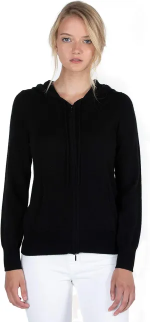 JENNIE LIU Women's 100% Pure Cashmere Long Sleeve Zip Hoodie Cardigan Sweater