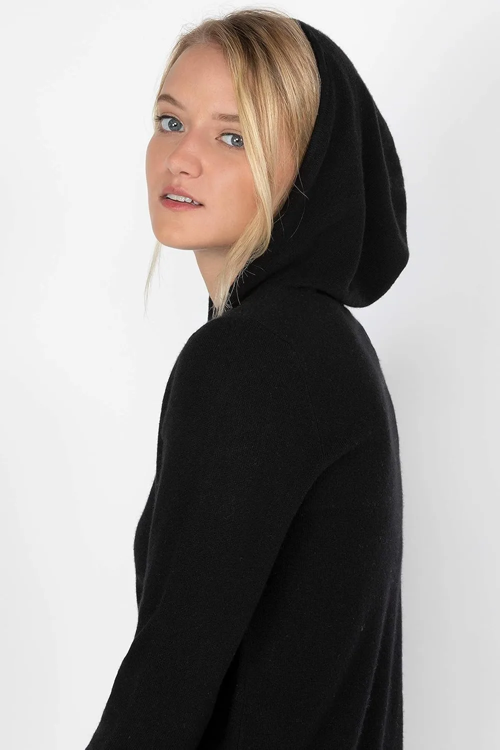 JENNIE LIU Women's 100% Pure Cashmere Long Sleeve Zip Hoodie Cardigan Sweater