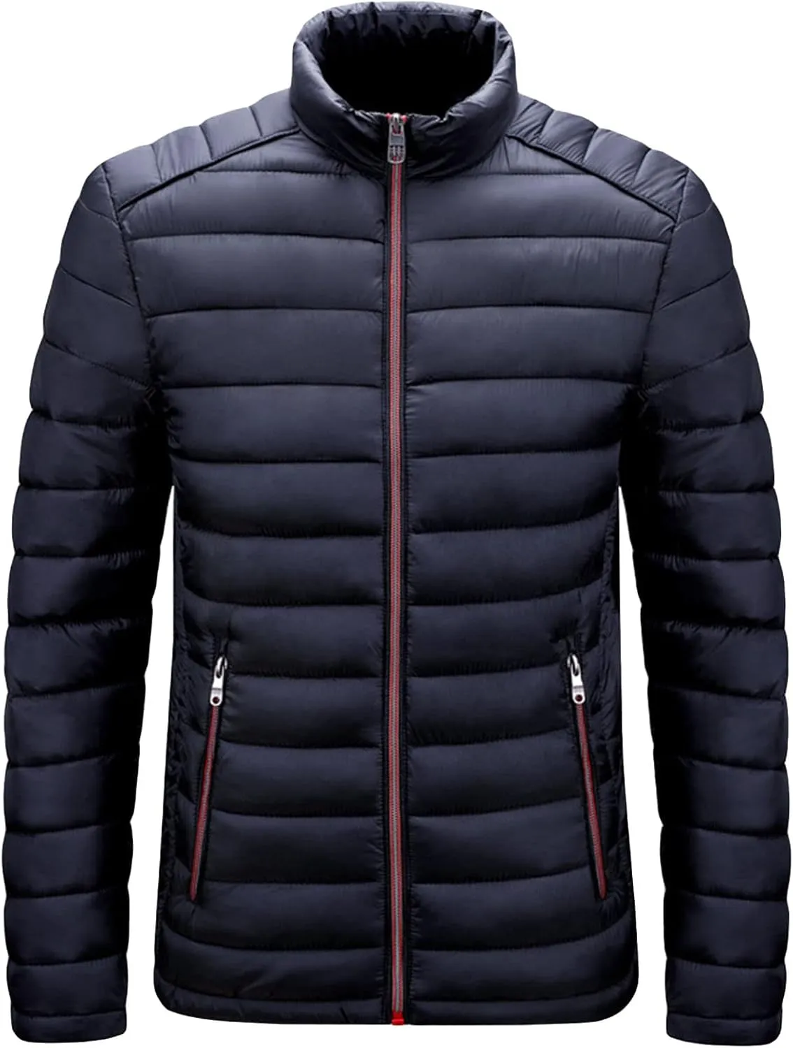 JEShifangjiusu Men Winter Cotton Padded Jacket Casual Stand Collar Hoodless Zipper Pocket Coat Thicken Long Sleeve Coats, Dark Blue, XX-Large