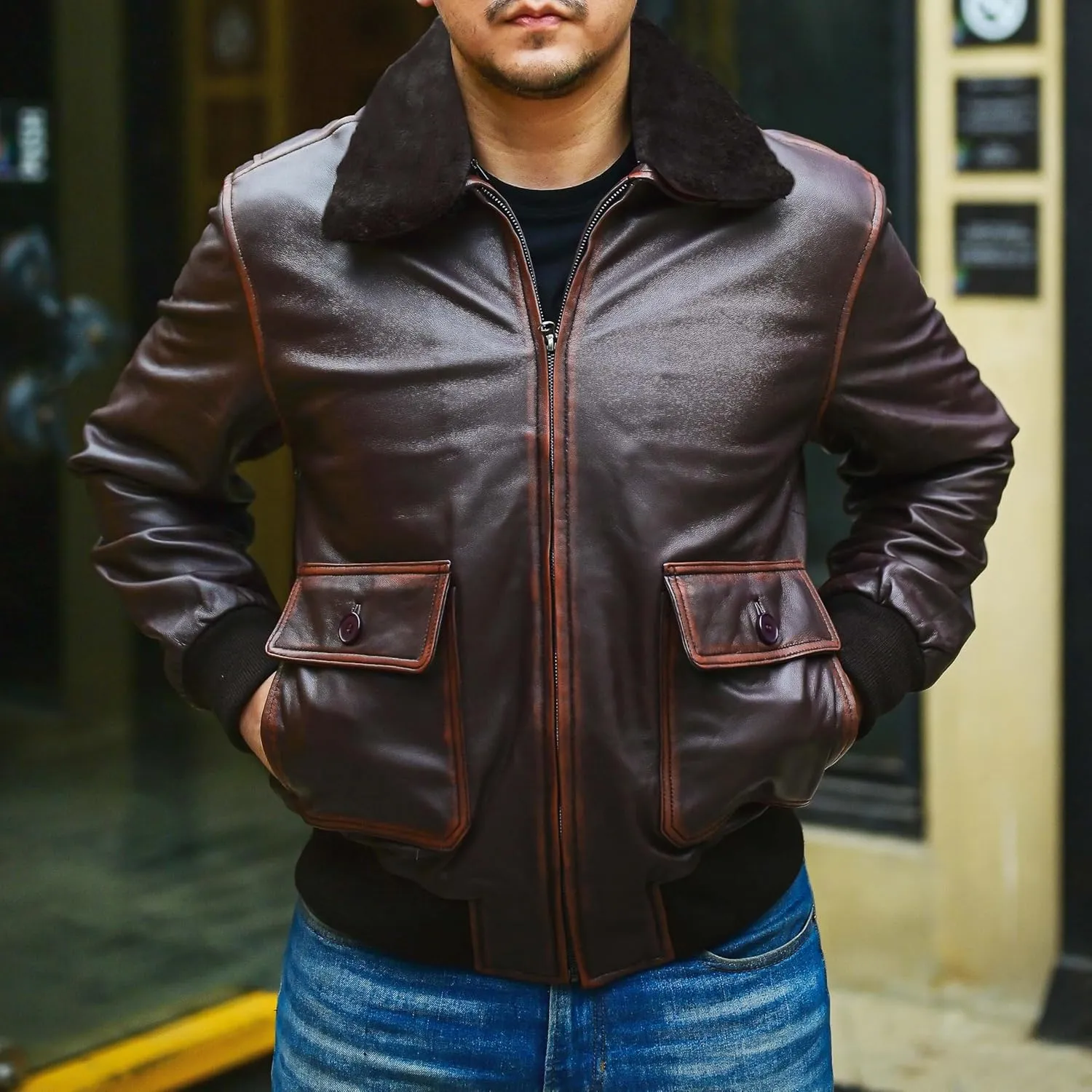 Jild Navy G-1 Real Leather Bomber Jacket Men with Removable Fur Collar - Vintage Flight Aviator Leather Jacket Men