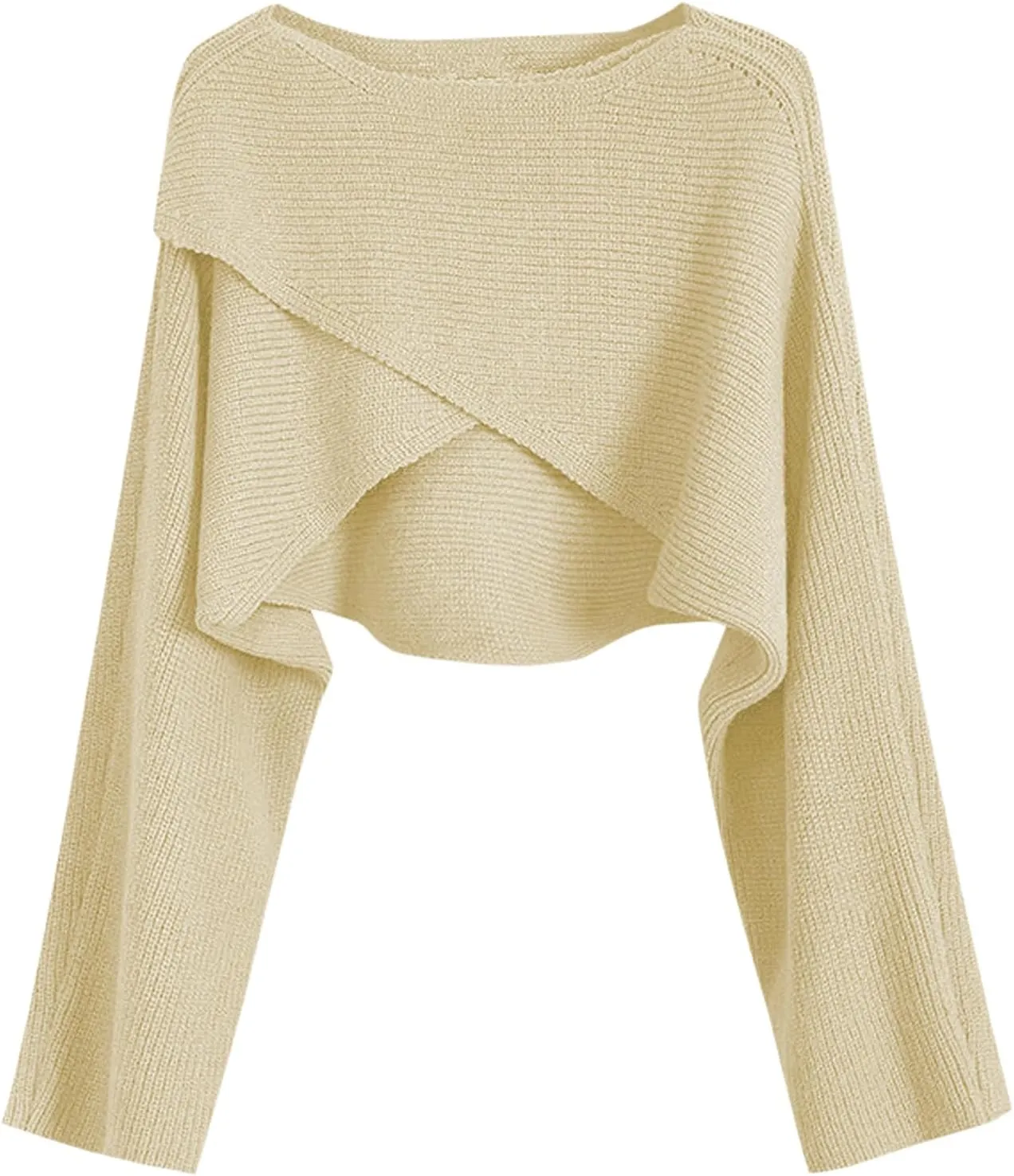 Joe Wenko Women's Boat Neck Sweater Long Sleeve Cross Wrap Asymmetrical Hem Cropped Pullover Jumper Tops