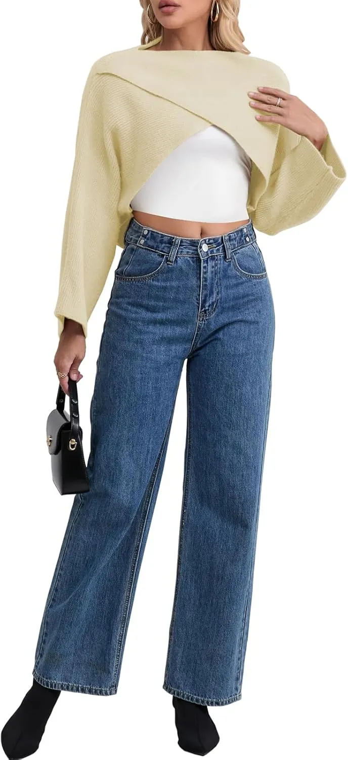 Joe Wenko Women's Boat Neck Sweater Long Sleeve Cross Wrap Asymmetrical Hem Cropped Pullover Jumper Tops
