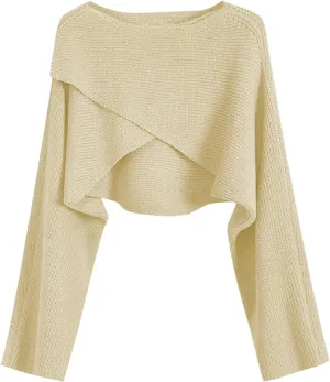 Joe Wenko Women's Boat Neck Sweater Long Sleeve Cross Wrap Asymmetrical Hem Cropped Pullover Jumper Tops