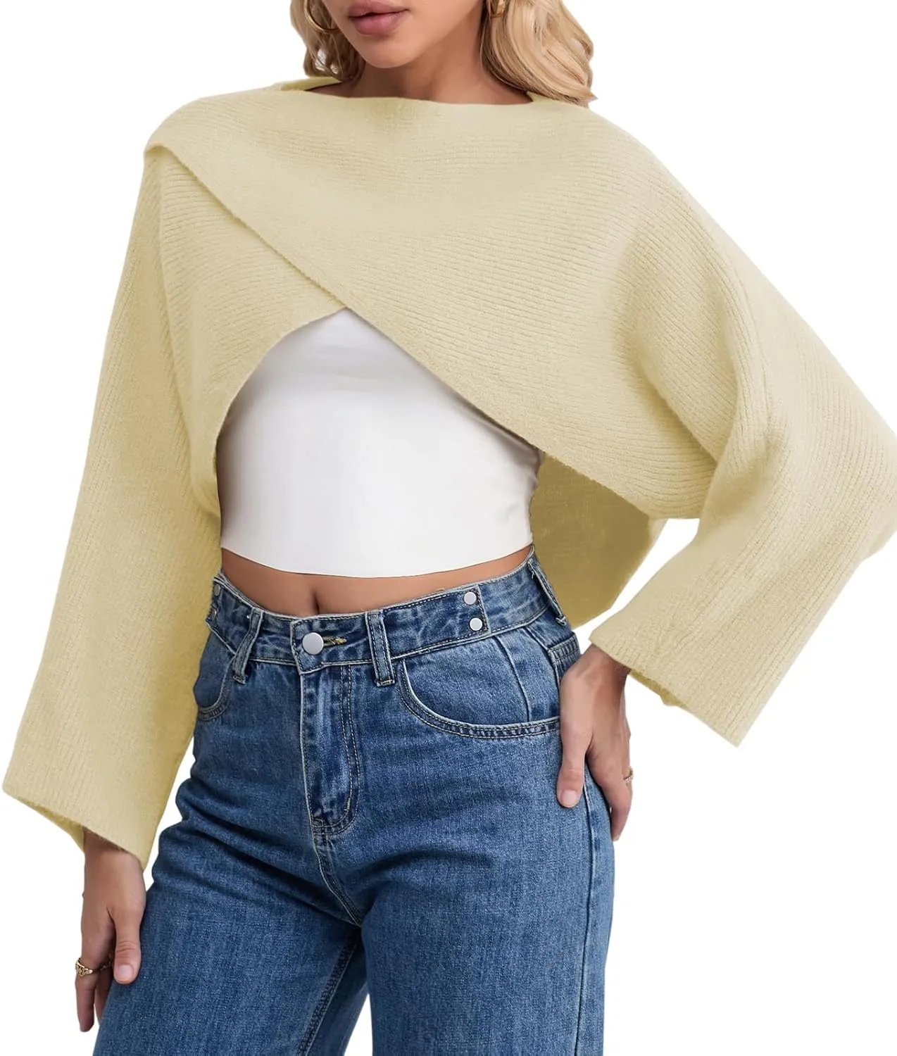 Joe Wenko Women's Boat Neck Sweater Long Sleeve Cross Wrap Asymmetrical Hem Cropped Pullover Jumper Tops
