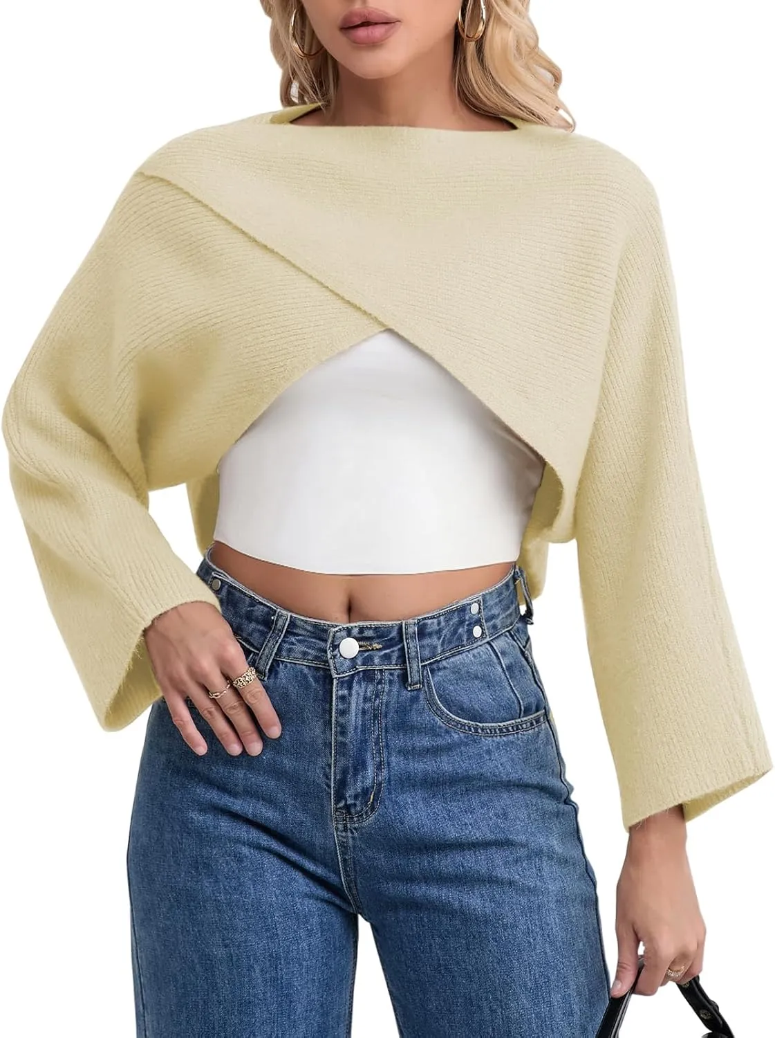 Joe Wenko Women's Boat Neck Sweater Long Sleeve Cross Wrap Asymmetrical Hem Cropped Pullover Jumper Tops