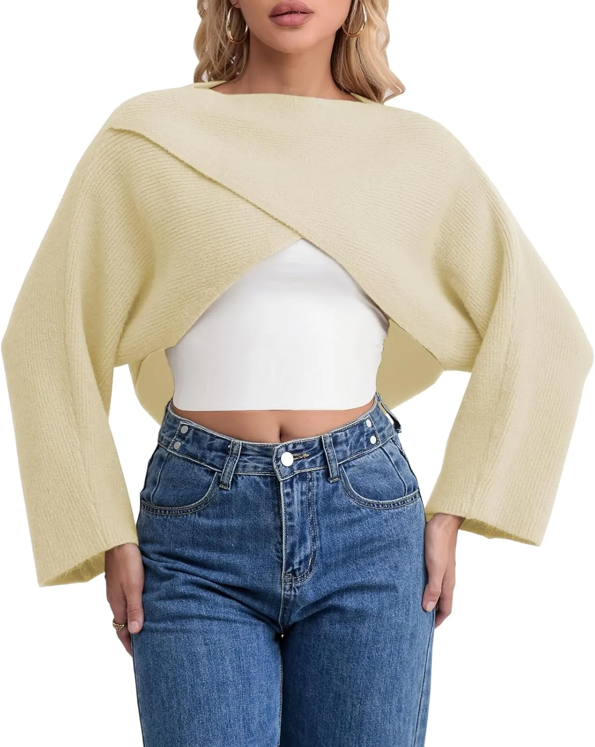 Joe Wenko Women's Boat Neck Sweater Long Sleeve Cross Wrap Asymmetrical Hem Cropped Pullover Jumper Tops