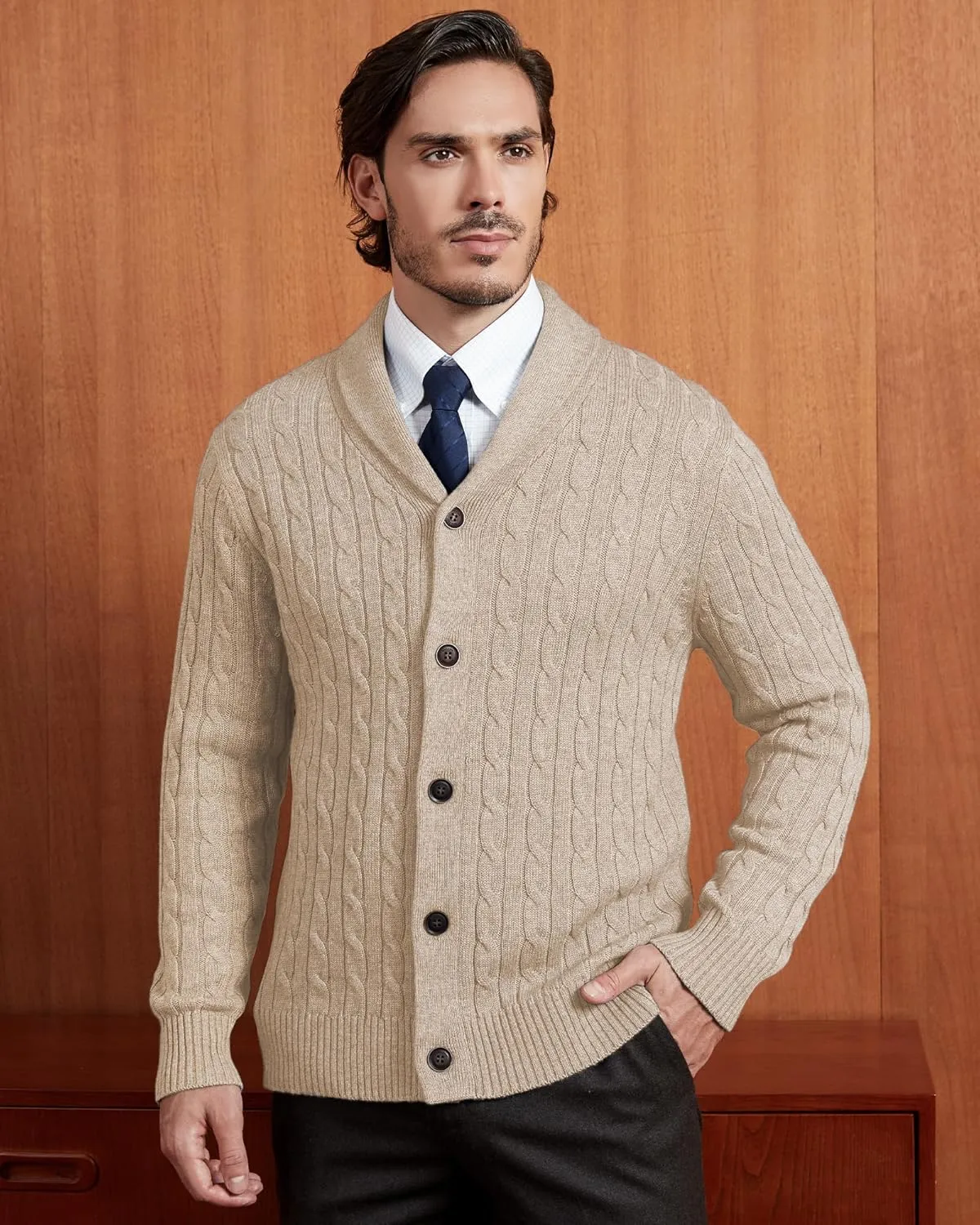 Kallspin Men's Blend Wool Sweater Button Down Long Sleeve Cardigan Cable Knit Shawl Collar Sweater