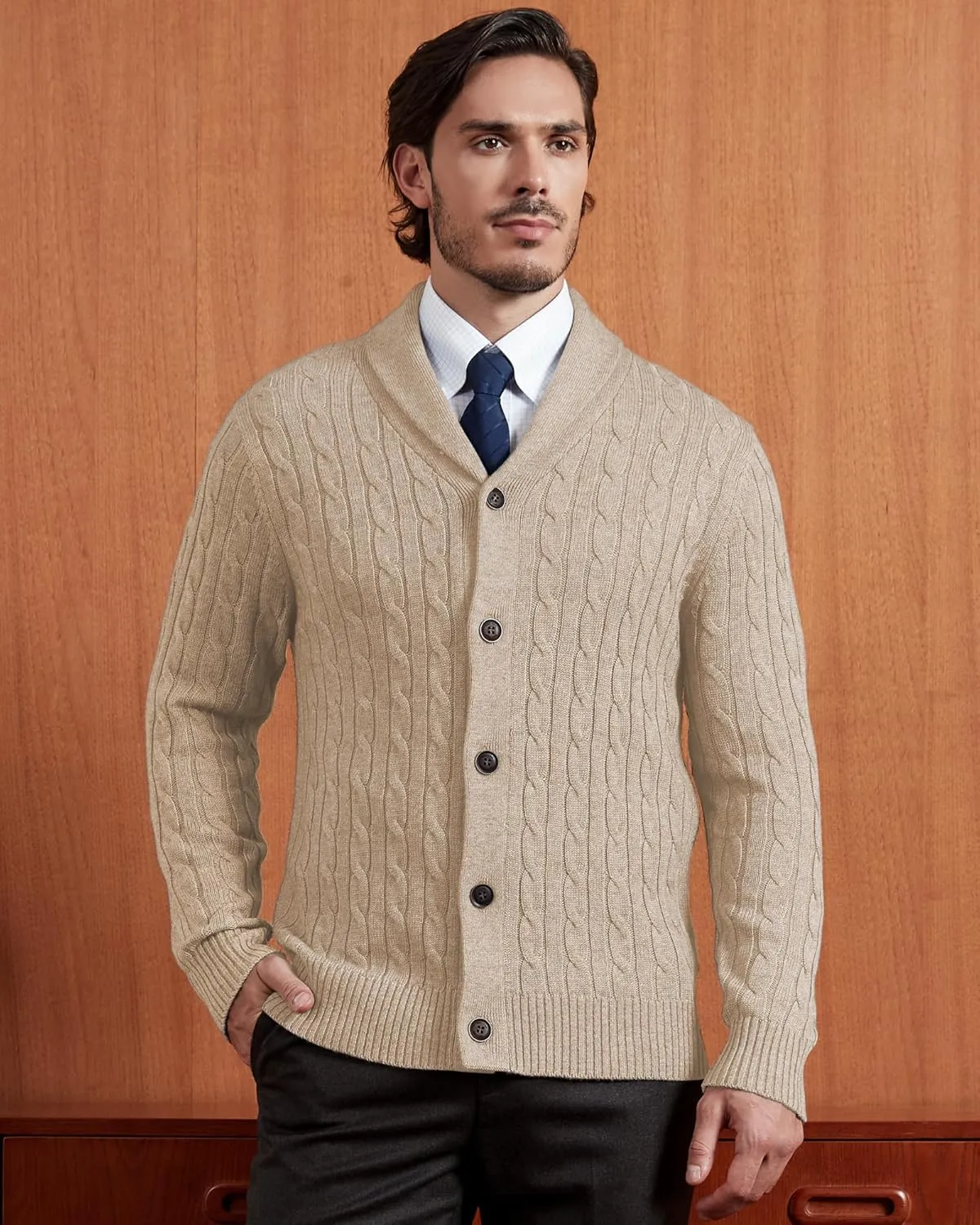 Kallspin Men's Blend Wool Sweater Button Down Long Sleeve Cardigan Cable Knit Shawl Collar Sweater