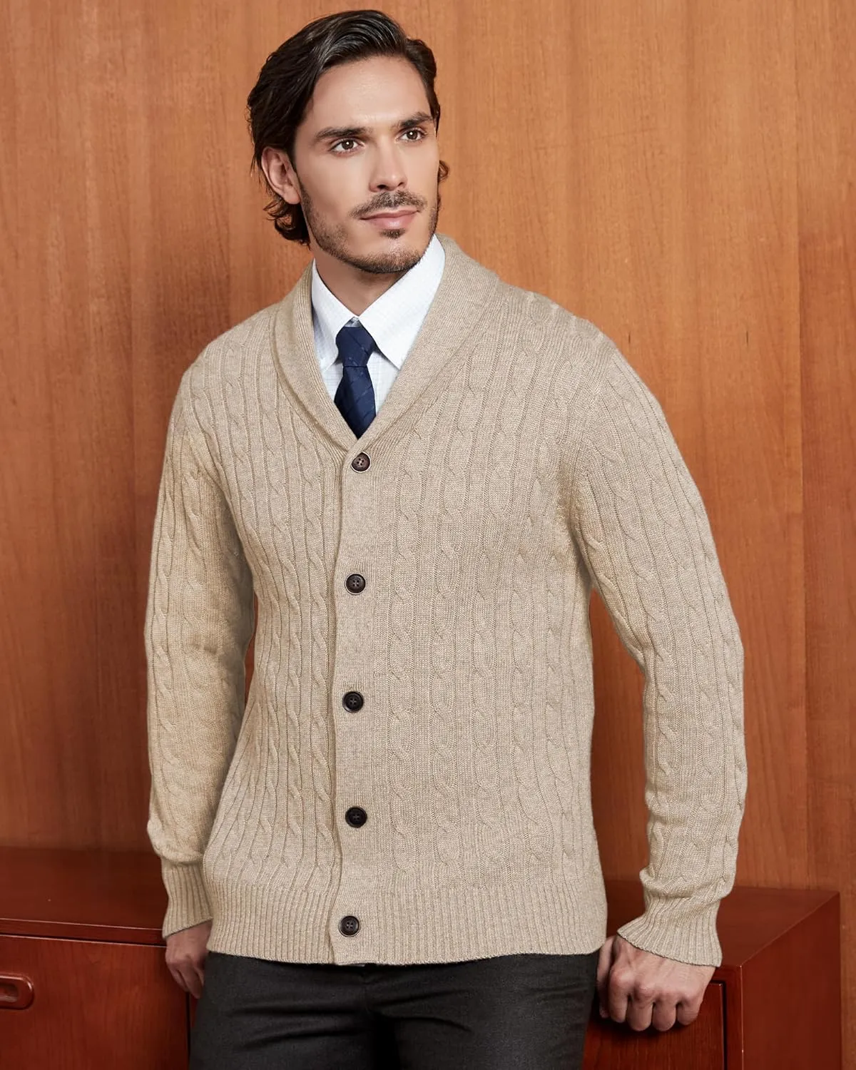 Kallspin Men's Blend Wool Sweater Button Down Long Sleeve Cardigan Cable Knit Shawl Collar Sweater