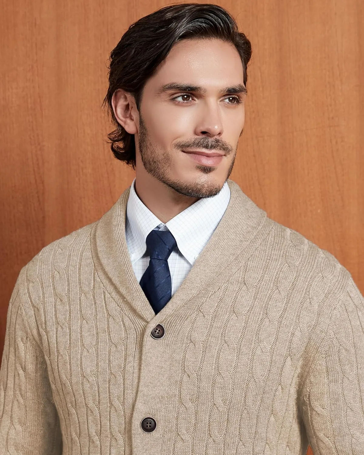 Kallspin Men's Blend Wool Sweater Button Down Long Sleeve Cardigan Cable Knit Shawl Collar Sweater