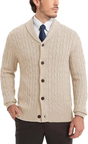 Kallspin Men's Blend Wool Sweater Button Down Long Sleeve Cardigan Cable Knit Shawl Collar Sweater