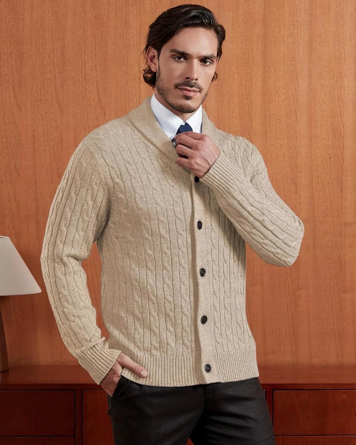 Kallspin Men's Blend Wool Sweater Button Down Long Sleeve Cardigan Cable Knit Shawl Collar Sweater
