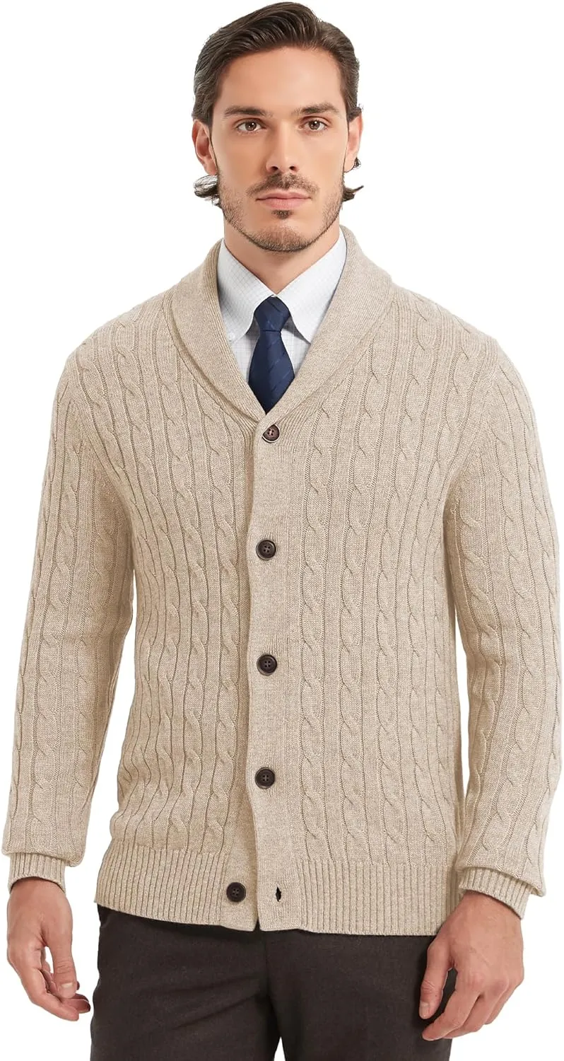 Kallspin Men's Blend Wool Sweater Button Down Long Sleeve Cardigan Cable Knit Shawl Collar Sweater