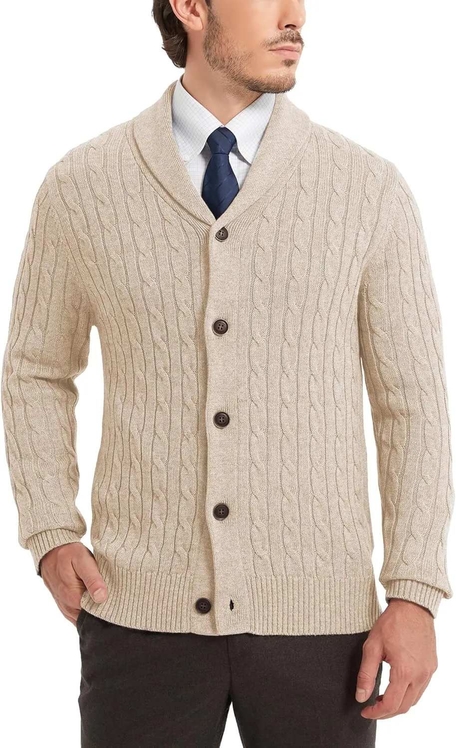 Kallspin Men's Blend Wool Sweater Button Down Long Sleeve Cardigan Cable Knit Shawl Collar Sweater
