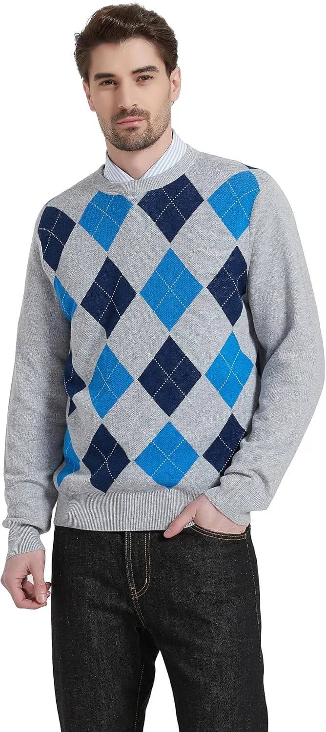 Kallspin Men's Wool Blend Crewneck Sweater Argyle Long Sleeve Pullover Sweater for Casual Or Dressy Wear