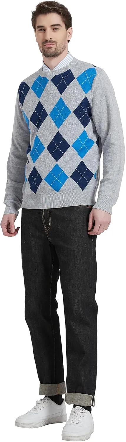 Kallspin Men's Wool Blend Crewneck Sweater Argyle Long Sleeve Pullover Sweater for Casual Or Dressy Wear