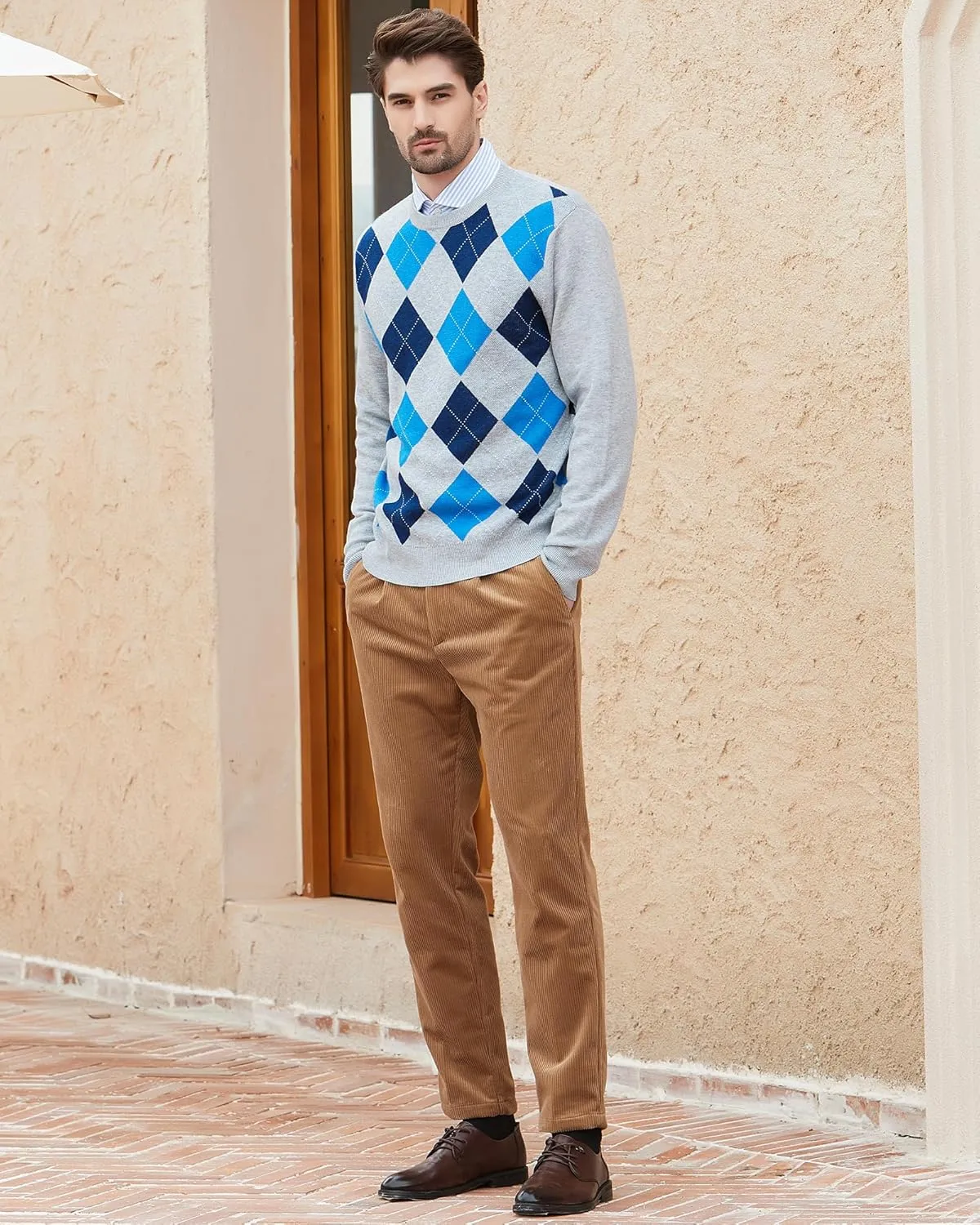 Kallspin Men's Wool Blend Crewneck Sweater Argyle Long Sleeve Pullover Sweater for Casual Or Dressy Wear
