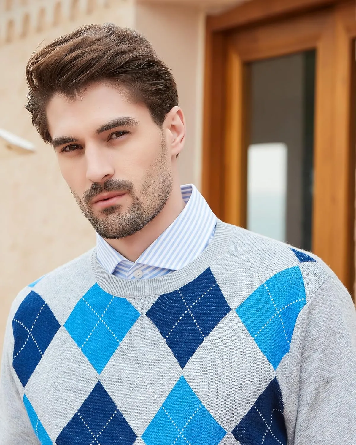 Kallspin Men's Wool Blend Crewneck Sweater Argyle Long Sleeve Pullover Sweater for Casual Or Dressy Wear