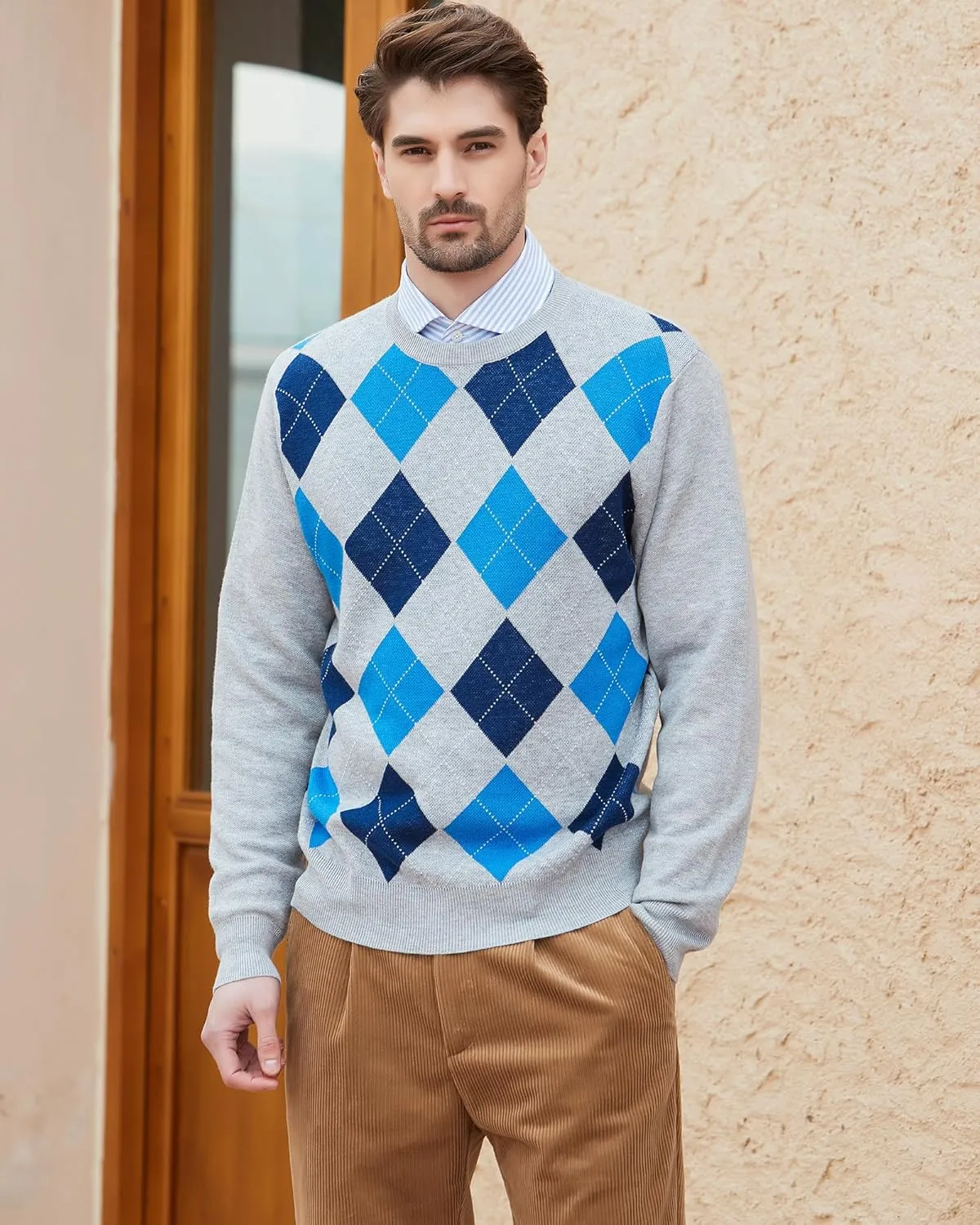 Kallspin Men's Wool Blend Crewneck Sweater Argyle Long Sleeve Pullover Sweater for Casual Or Dressy Wear