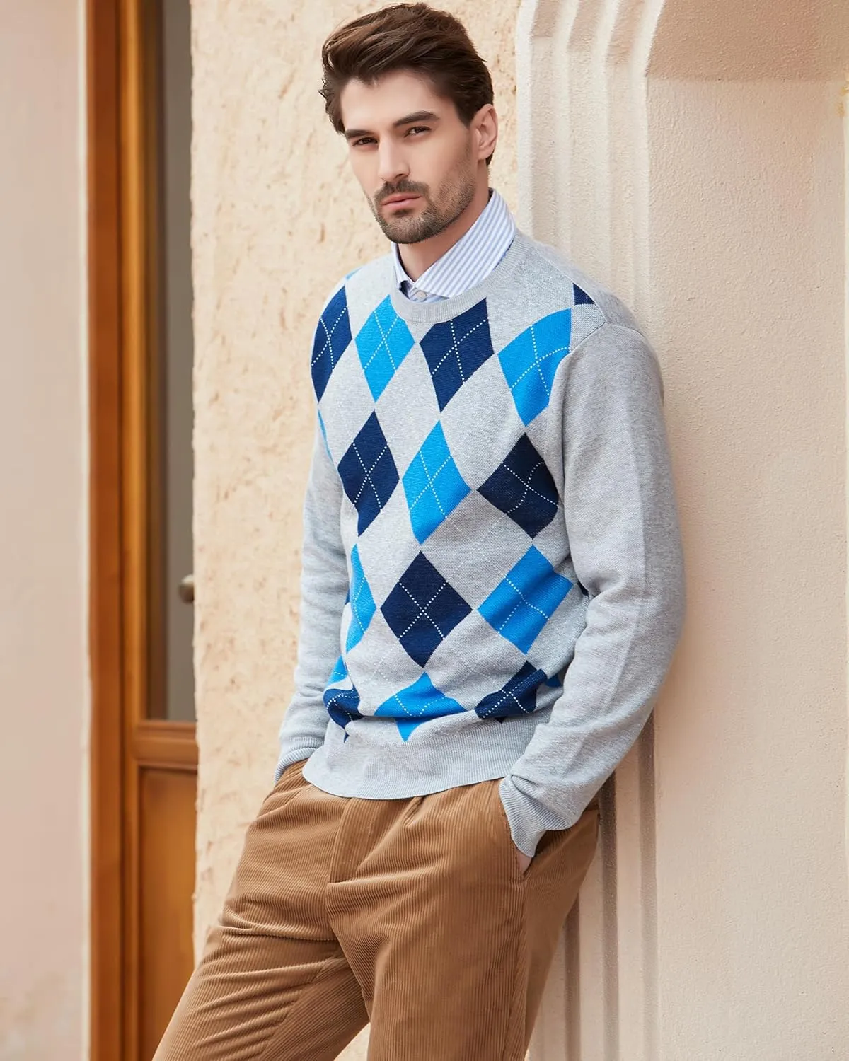 Kallspin Men's Wool Blend Crewneck Sweater Argyle Long Sleeve Pullover Sweater for Casual Or Dressy Wear