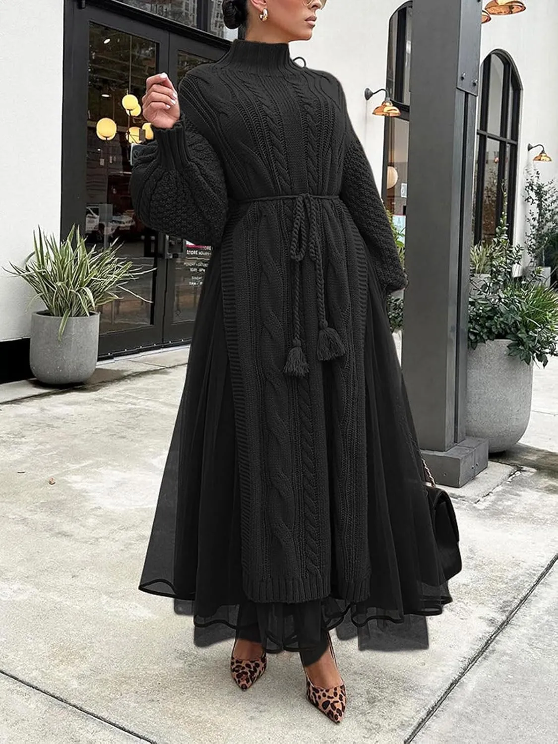 KANSOON Two Piece Fall Outfits for Women Long Lantern Sleeve Slit Sweater Dress and Maxi Tulle Skirt Set with Belt