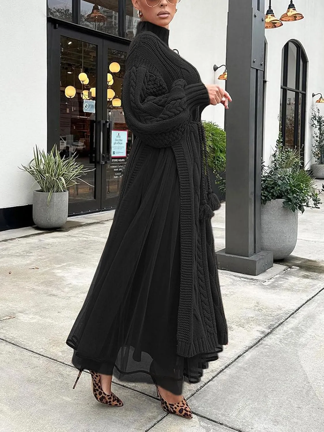 KANSOON Two Piece Fall Outfits for Women Long Lantern Sleeve Slit Sweater Dress and Maxi Tulle Skirt Set with Belt