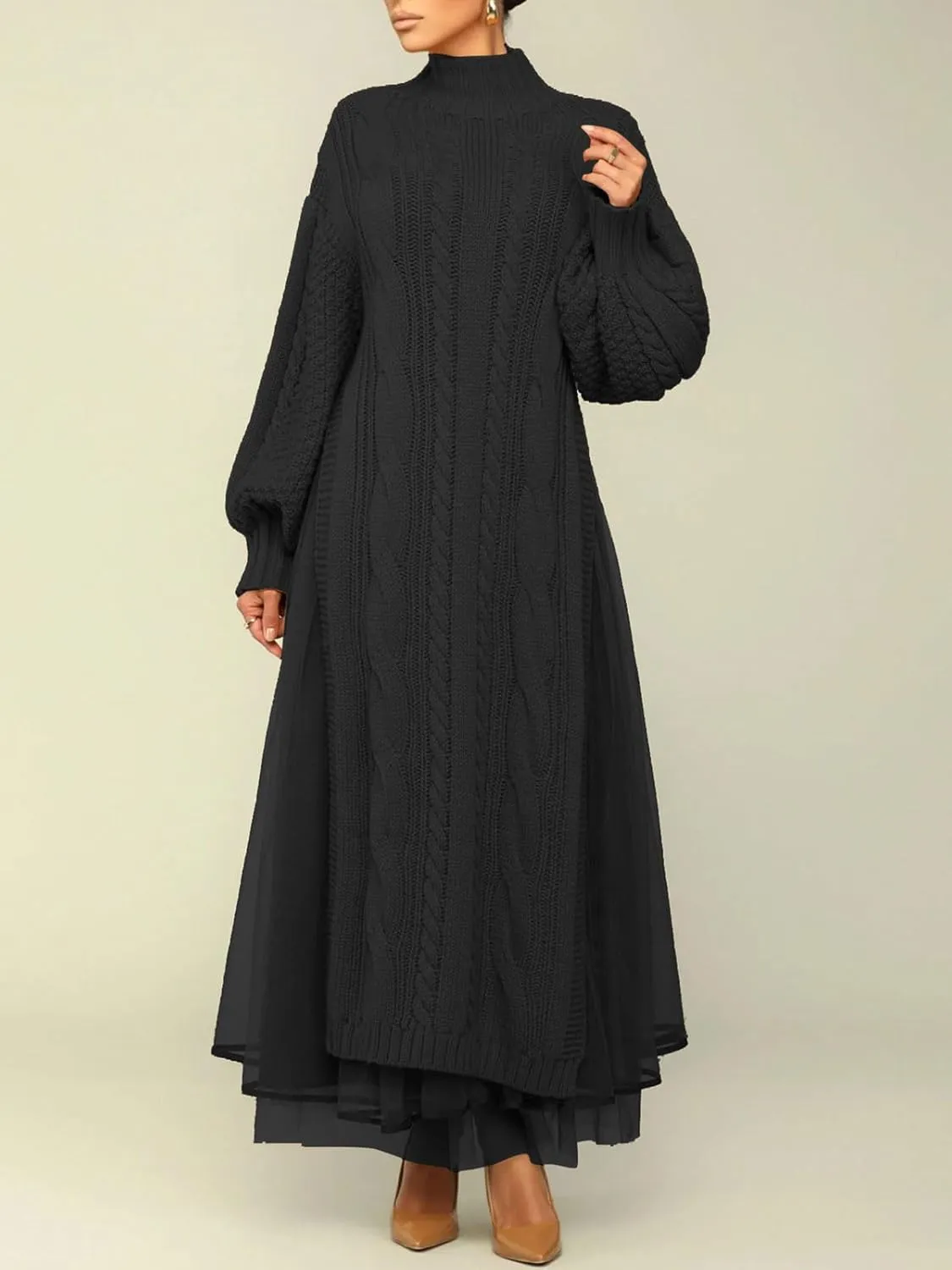 KANSOON Two Piece Fall Outfits for Women Long Lantern Sleeve Slit Sweater Dress and Maxi Tulle Skirt Set with Belt
