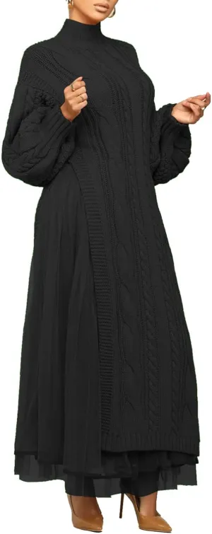 KANSOON Two Piece Fall Outfits for Women Long Lantern Sleeve Slit Sweater Dress and Maxi Tulle Skirt Set with Belt