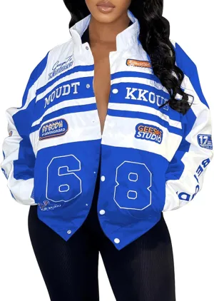KANSOON Varsity Jacket Women Motorcycle Racer Detachable Letter Graphic Jackets Vintage Color Block Baseball Coat