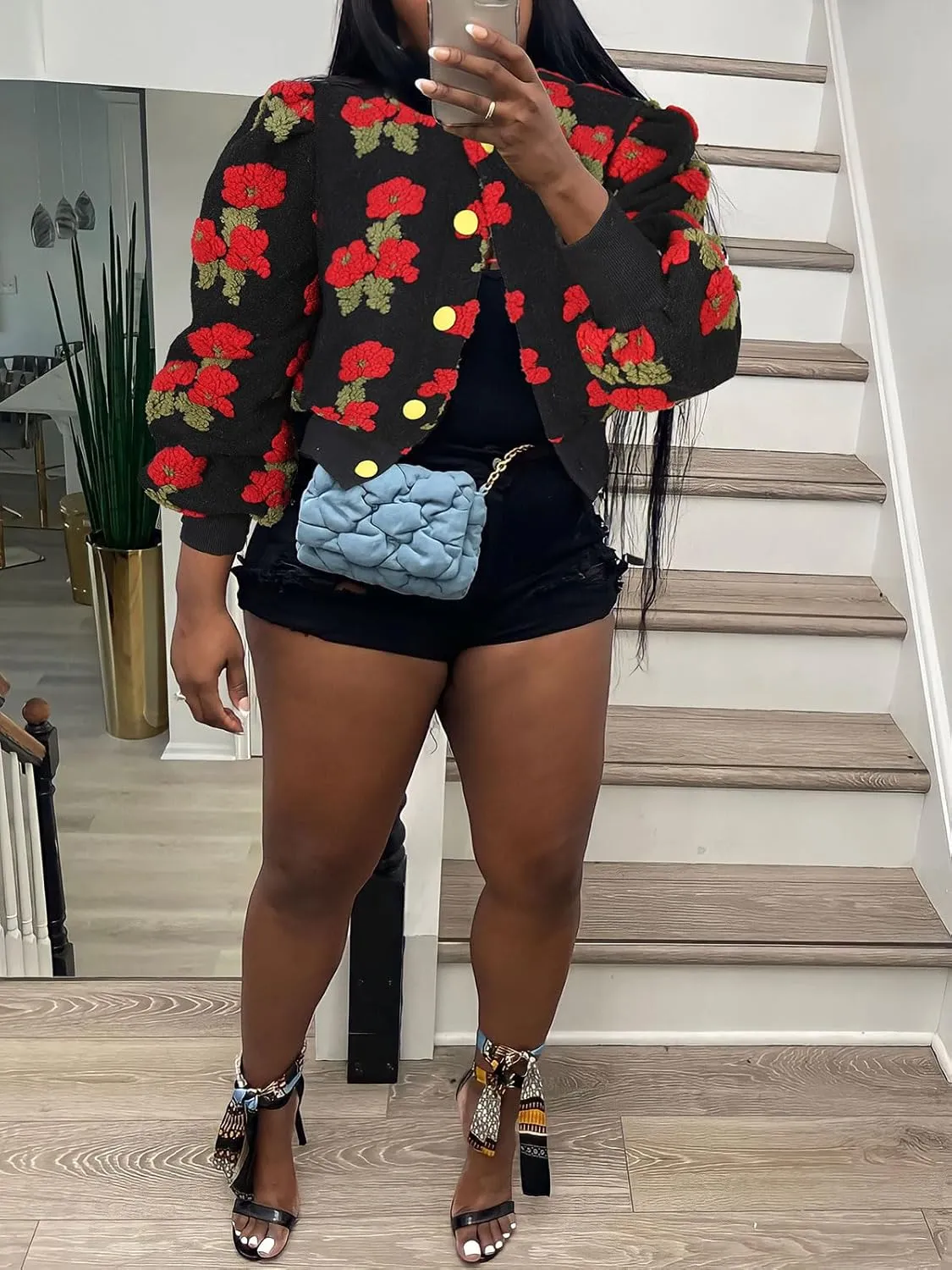 KANSOON Wool Coats for Women Floral Puff Sleeve Single Breasted Short Fall Winter Jacket