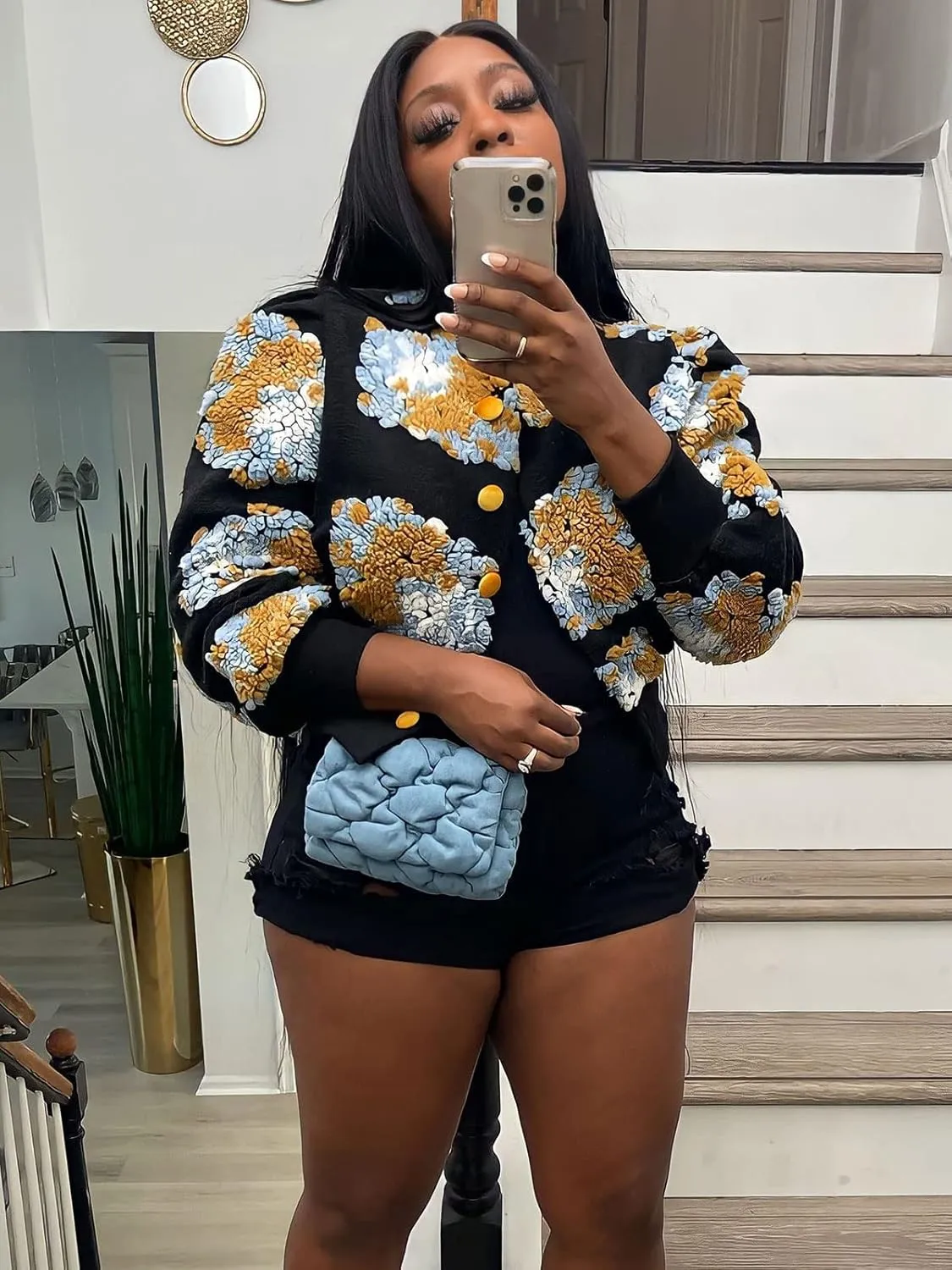 KANSOON Wool Coats for Women Floral Puff Sleeve Single Breasted Short Fall Winter Jacket