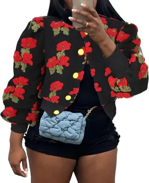 KANSOON Wool Coats for Women Floral Puff Sleeve Single Breasted Short Fall Winter Jacket