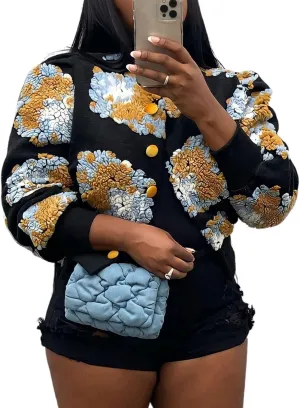 KANSOON Wool Coats for Women Floral Puff Sleeve Single Breasted Short Fall Winter Jacket