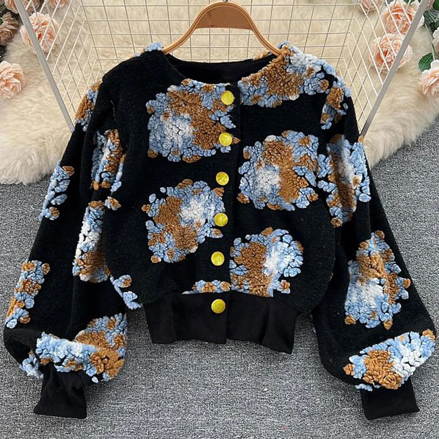 KANSOON Wool Coats for Women Floral Puff Sleeve Single Breasted Short Fall Winter Jacket