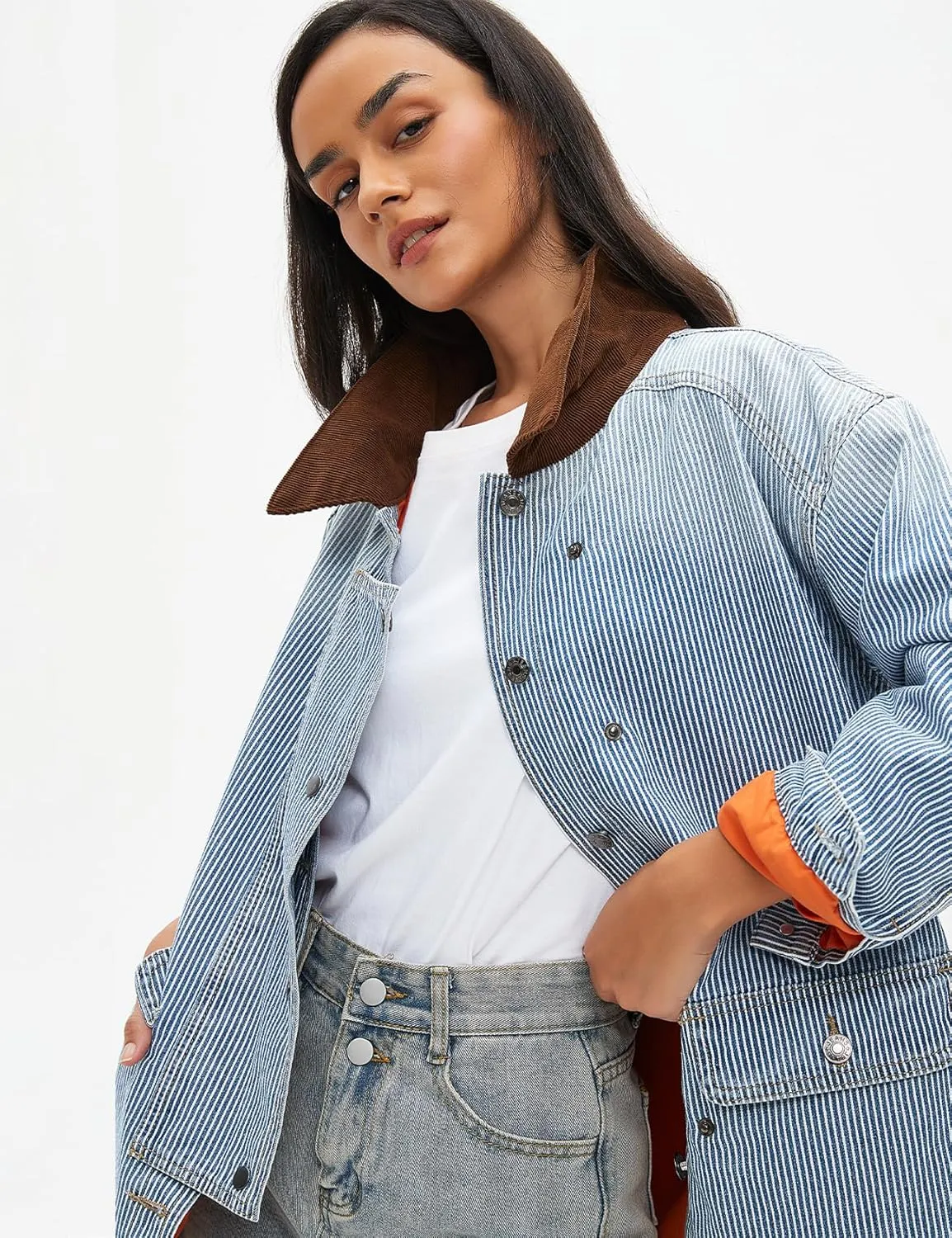 Kedera Women's Jean Jacket Oversized Striped Denim Jacket Long Sleeve Button Down Fashion Fall Shacket Barn Coat 2024